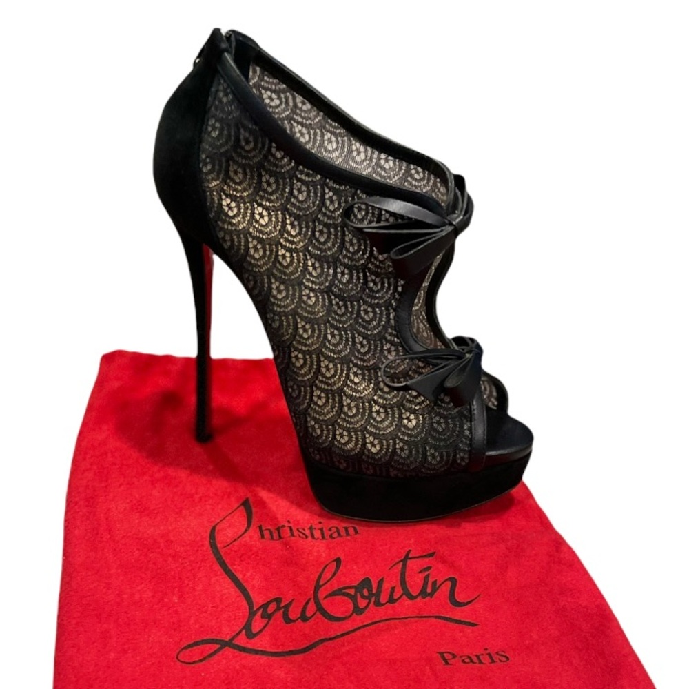 Christian Louboutin Black Lace Peep-Toe Ankle Booties